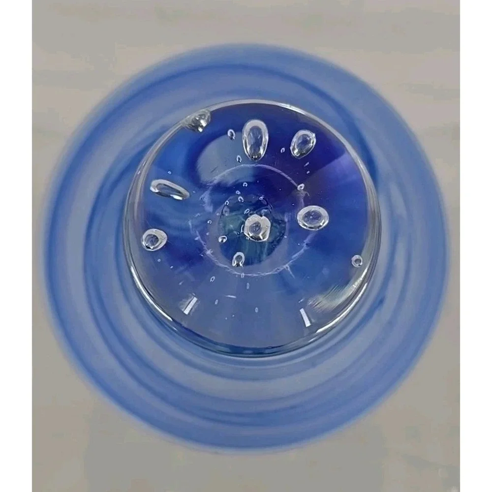 Satin blue Swirl Compote  Polished  Clear Glass Base W/ Bubbles 7